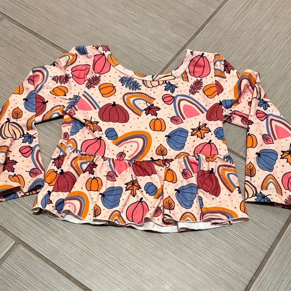 Colorful Autumn Patterned Long Sleeve Top with flare out ruffles